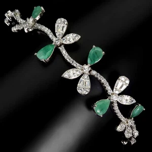925 Sterling Silver Bracelet Pear Emerald 6x4mm Natural Gemstone Jewelry 7in - Picture 1 of 14