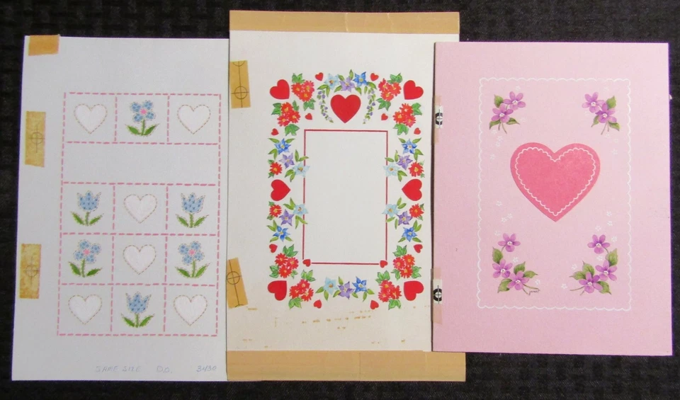 DÍA DE SAN SAN SAN VALENTÍN Corazones en Paneles con Flores 6.25x9.5 Tarjeta de Felicitación Arte LOTE de 3 Foto 1 de 1