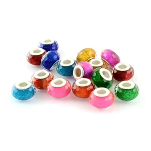 100pc Acrylic Faceted European Beads Large Hole Silver Core Rondelle Charms 14mm - Picture 1 of 9