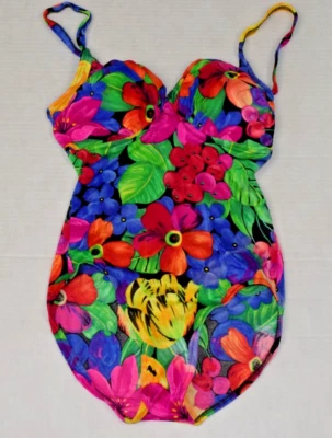 Maiô Vintage Rose Marie Reid Tamanho 12 Anos 80 Floral Tropical Formado Copos Feito nos EUA - Imagem 1 de 4