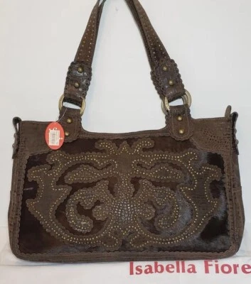ISABELLA FIORE NWT ALDIC GING STUDDED LEATHER CALF HAIR SHOULDER BAG TOTE  $695  - Image 1 of 4