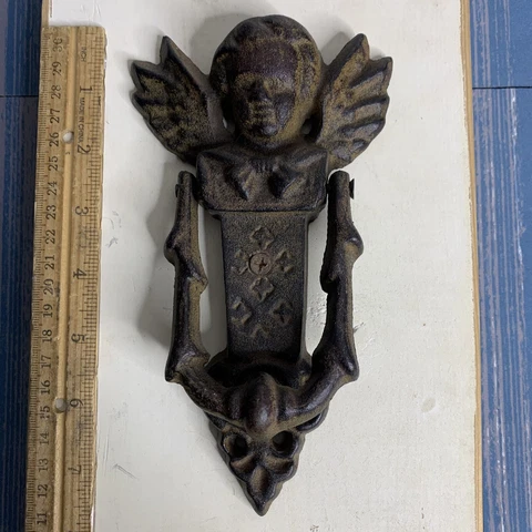 Antique Rustic Cast Wrought Iron Guardian Angel Cherub Door Knocker 8” On Board Cover