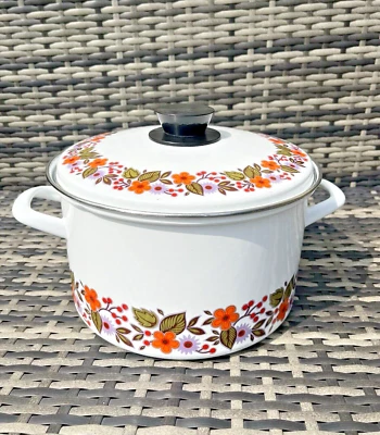 LARGE RETRO 60'S BSW ENAMEL GERMANY FLOWER POWER CASSEROLE DISH PAN VINTAGE 70'S - Image 1 of 4