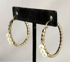 Sterling Silver 925 14K Gold Braided Rope Hoop Pearl Earrings Signed AB - Picture 1 of 6