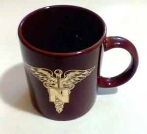 Vintage Coffee Cup Mug Red Brown Gold Tone Etched Medical Symbol N (Nurse) - Picture 1 of 4