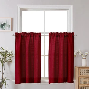 Christmas 2 Panels Red Kitchen Curtains 36 Inch Length, Faux Linen Textured Smal - Picture 1 of 12