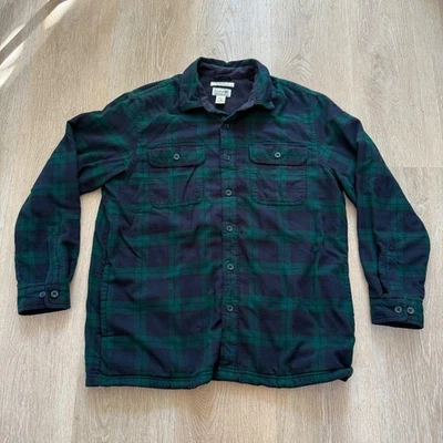 LL Bean Fleece Lined Flannel Shirt Jacket Mens L Shacket Plaid Green Navy - Image 1 of 4