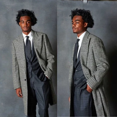 Houndstooth Tweed Men Overcoat Check Double Breasted Commuter Streetwear - Image 1 of 4