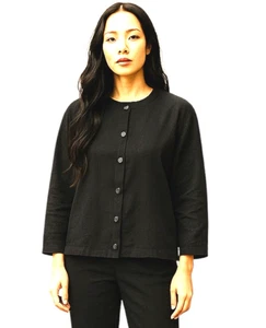 Blusa Top 100% Lino Mujer Talla M Botón Frontal Hecha en EE. UU. Manga 3/4 Negra - Imagen 1 de 8