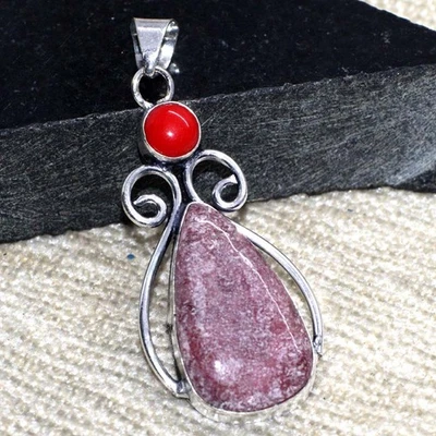 Colgante largo enchapado en plata 925 rodonita coral rojo joyería tamaño 2,2" GW Foto 1 de 3