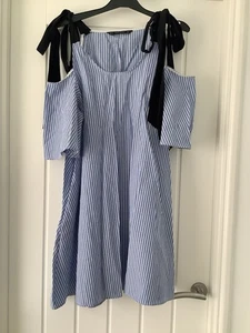 Zara Blue And White Stripe Dress With Black Tie Shoulder Straps Size S - Picture 1 of 3