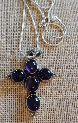 Gorgeous Deep Purple  Amethyst Cross Pendant Sterling Silver + Chain - Image 1 of 3
