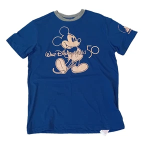WALT DISNEY WORLD 50 Size M Blue T Shirt with Mickey Mouse Gold Print. Pre Loved - Picture 1 of 8