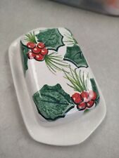 Hand Painted Christmas Butter or Cheese Dish - Poinsettia Design - Made in Italy