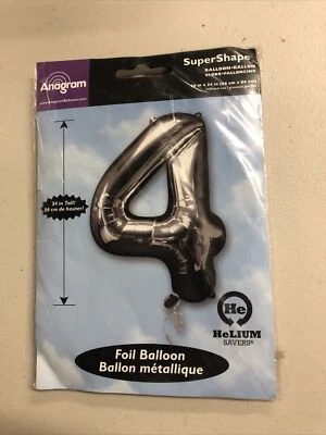 Large Silver Number 4 SuperShape Foil Balloon 24" X 36" 27984 New Four Forty 40 - Image 1 of 2