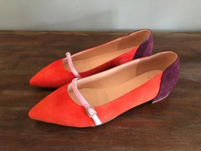 JCrew $138 Gwen Mary Jane Pied Ballet Plano Bloque de Color Gamuza 7-M Rojo Negrito AB520 Foto 1 de 4
