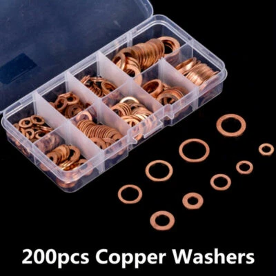 200xSolid Copper Washer M5-M14 Flat Ring Sump Plug Oil Seal Assorted Set For Car - Image 1 of 4