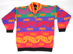 Vintage NEON Sweater Retro Womens S Orange Purple Artsy Floral 80s 90s Pop Art - Picture 1 of 3