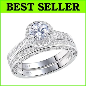 Minimalist Cubic Zirconia Engagement Ring & Wedding Band in Sterling Silver - Picture 1 of 9