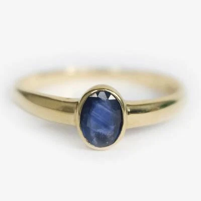 Oval Blue Sapphire Solitaire Ring 14k Yellow Gold Plated Jewelry Engagement Gift - Image 1 of 4