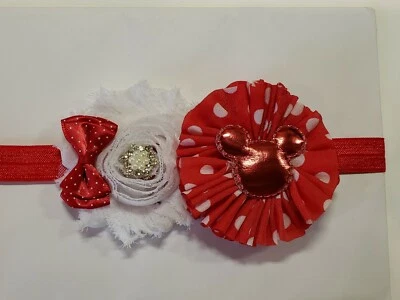 Cute!!!!! Red Minnie Mouse Baby Girl Elastic Headband Flower Hair Bow. - Image 1 of 2