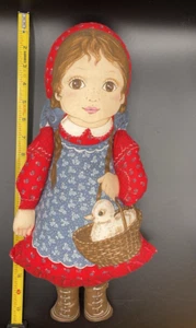 Cut & Sew Doll Pillow Plush Prairie Girl With Duck In Basket 17 " Vintage - Picture 1 of 2