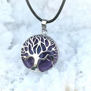 Amethyst Necklace Tree of Life Silver Healing Stone Pendant  Black Cord Necklace - Picture 1 of 2