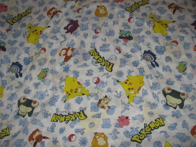 Vintage Pokemon Double Flat Sheet - White with Pikachu, Polywhirl, Etc Foto 1 de 4
