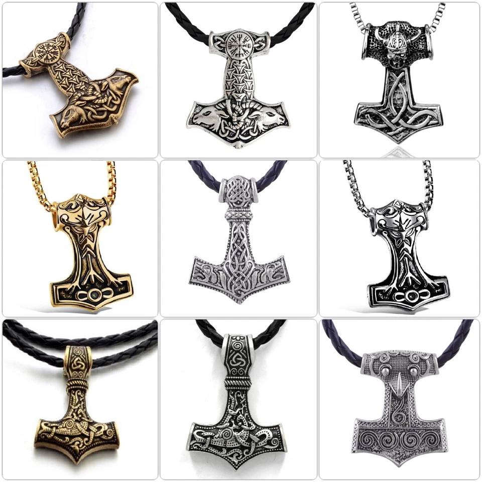 Thor Hammer Halskette Lederkette Anhänger Valhalla Mjölnir Rabe Hugin Vikings  - Bild 1 von 1