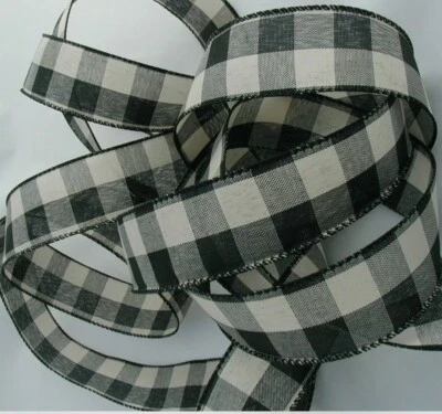 5 yds. WIRED RIBBON BUFFALO CHECK BLACK & TAN LIGHT WEIGHT FARMHOUSE 1.5" - Image 1 of 2