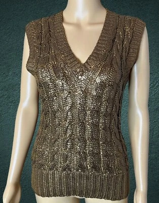 Oscar De La Renta Mujer Chaleco Suéter Mediano Marrón Metálico Tejido 100% Seda Foto 1 de 4
