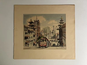 Pintura acuarela Frank Serratoni años 50 teleférico barrio chino de San Francisco - Imagen 1 de 10