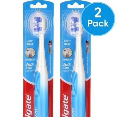 Paquete de 2 - Cepillos de dientes a batería Colgate 360 con punta de hilo dental sónico cerdas suaves Foto 1 de 4