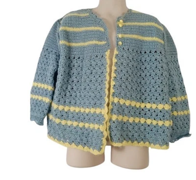 Cárdigan Suéter Vintage Hecho a Mano Niñas Crochet Azul Juvenil L Foto 1 de 2