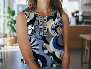 Blusa EMILIO PUCCI Top 10 Azul Multi Sin Mangas Patrón Geométrico Algodón - Imagen 1 de 8