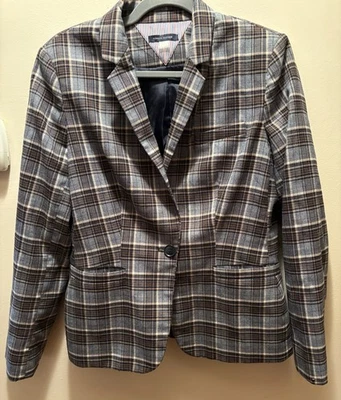 Jaqueta Blazer Tommy Hilfiger Feminina Tamanho 10 Azul Marrom Xadrez Um Botão Excelente Estado Usado - Imagem 1 de 4