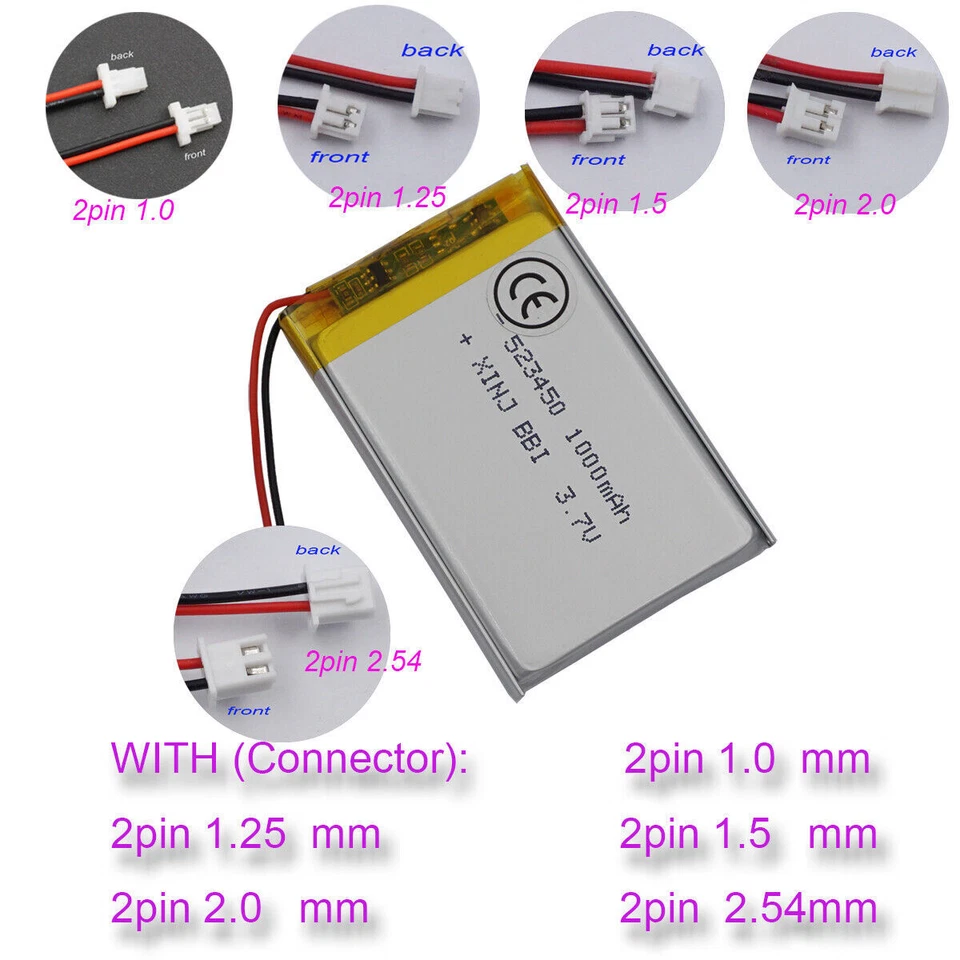 3.7V 1000mAh 3.7Wh Rechargeable Li Battery 523450 JST 2Pin 1.0/1.25/1.5/2.0/2.54 - Image 1 of 4