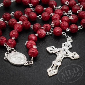Tiefrote Marmor Glas Rosenkranz Halskette, 22", 8 mm Perlen, Katholisch Ave Maria Mitte - Bild 1 von 10