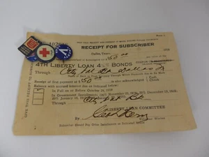 Primera Guerra Mundial EE. UU. CUARTO PRÉSTAMO LIBERTAD $50 4 1/4% BONO Recibo de suscriptor y pinbacks 1918 - Imagen 1 de 6