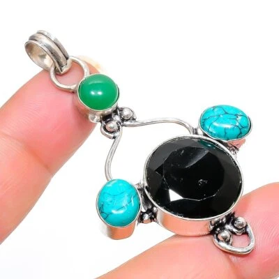 Espinela negra turquesa verde ónix piedra preciosa 925 colgante de plata de l... - Imagen 1 de 4