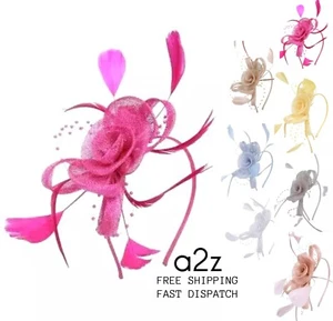 Women Looped Sinamay Flower Feather Fascinator Headband Wedding Party Ascot Prom - Picture 1 of 10