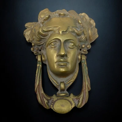 Vintage Antique Face of Apollo Architectural Salvage Figural Brass Doorknocker - Image 1 of 4