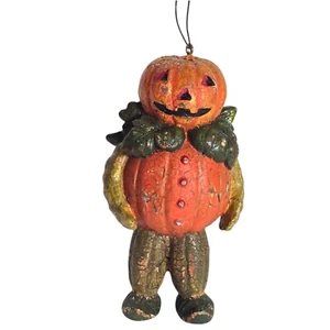 Pumpkin Man Halloween Ornament Jack O Lantern Figurine Folk Art Rustic Whimsical - Picture 1 of 9