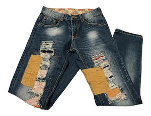 Sosoo Jeans Wear Herren Größe 30X31 Blau Acid Wash mit Patches Skinny Jeans ECU - Bild 1 von 13