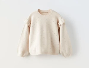 Zara Girls Ice Beige Open Knit Ruffled Sweater Size 6 Years - Picture 1 of 3