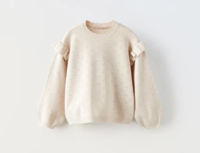 Zara Girls Ice Beige Open Knit Ruffled Sweater Size 6 Years - Image 1 of 3