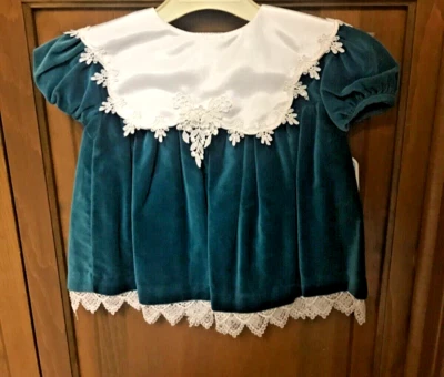 Vintage Bryan Girls Dress Size 12 Months Velvet Teal with Large Satin Collar NWT - Image 1 of 4