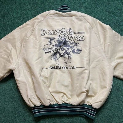 Vintage DeLong Satin Jacket Kenadys Gym Salem OR Sz XXL Gold Weight Lifting - Image 1 of 4