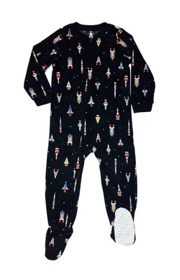 Pijama para dormir Carter's Boy's Rocket Ship estampado temático negro suave polar con patas Foto 1 de 2