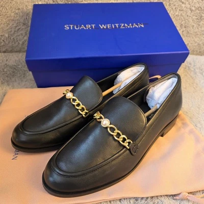Mocasines Stuart Weitzman con cadena de cuero negro adornados con perlas talla 10 NUEVOS EN CAJA Foto 1 de 4